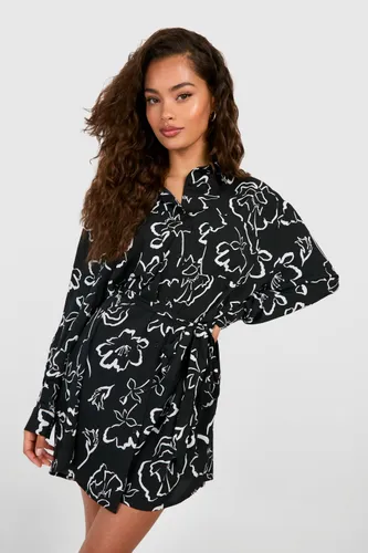 Womens Mono Floral Batwing Belted Shirt Dress - Black - 8, Black
