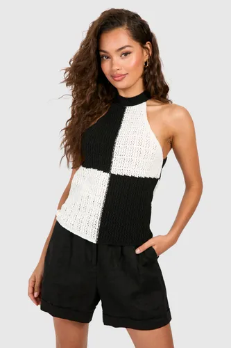 Womens Monochrome Crochet Knitted Vest - Black - S, Black