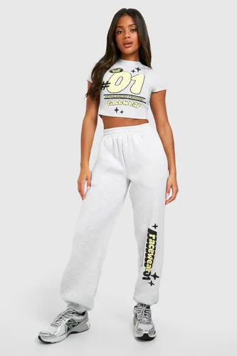 Womens Motorsport Puff Print Fitted T-Shirt And Straight Leg Jogger Set - Grey - S, Grey