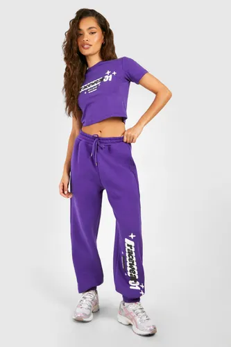 Womens Motorsport Puff Print Fitted T-Shirt And Straight Leg Jogger Set - Purple - L, Purple