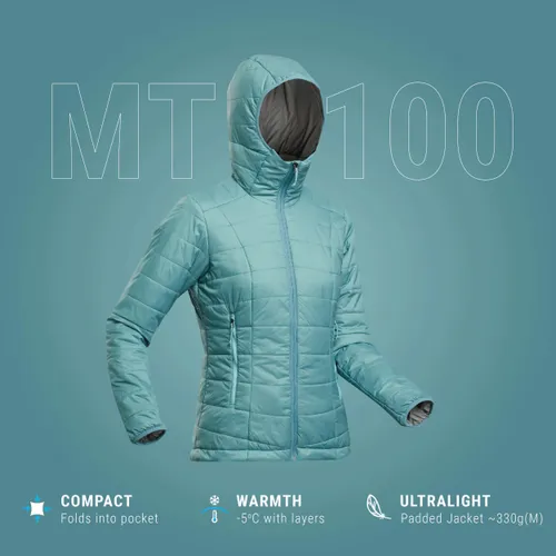 Women's Mountain Trekking Padded Jacket With Hood - MT100 -5°c