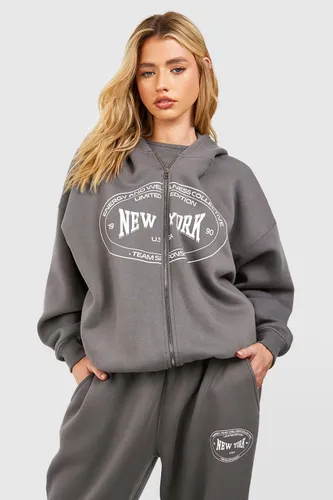 Womens New York Slogan Zip Thru Hoodie - Grey - S, Grey
