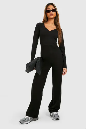 Womens Notch Neck Cotton Wide Leg Jumpsuit - Black - 10, Black
