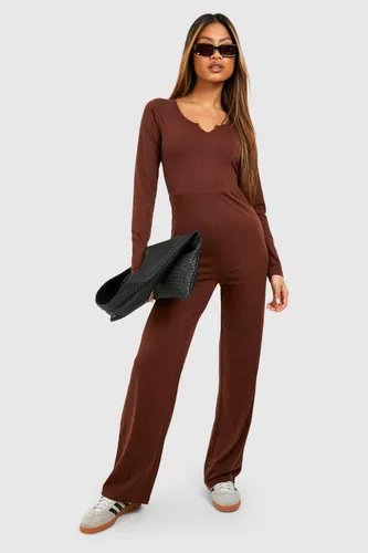 Womens Notch Neck Cotton Wide Leg Jumpsuit - Brown - 14, Brown