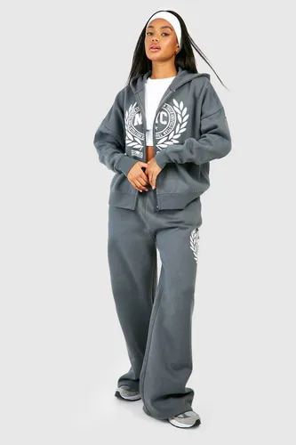 Womens Nyc Printed Zip Up Hoodie And Wide Leg Jogger Tracksuit - Grey - S, Grey
