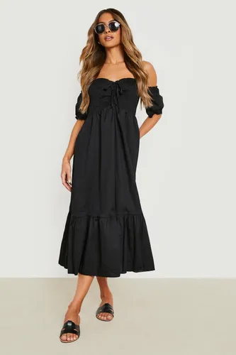 Womens Off Shoulder Cotton Shirred Midi Dress - Black - 12, Black