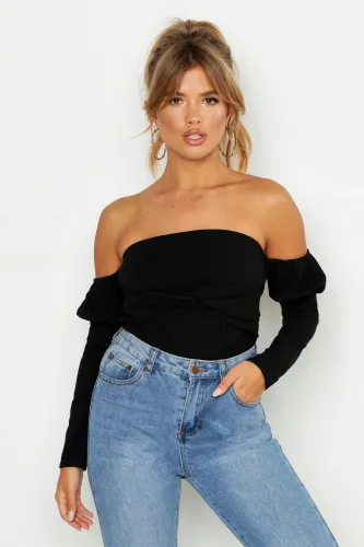 Womens Off The Shoulder Puff Sleeve Top - Black - 6, Black