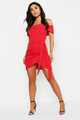 Womens Off The Shoulder Wrap Detail Bodycon Dress - Red - 8, Red