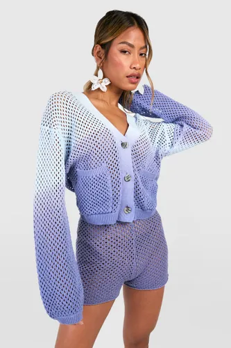 Womens Ombre Crochet Cardigan And Shorts Knitted Set - Blue - M, Blue
