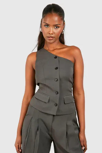 Womens One Shoulder Contrast Button Waistcoat - Grey - 10, Grey