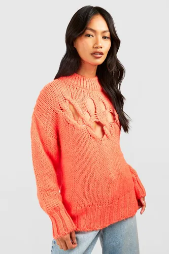 Womens Open Crochet Soft Knit Jumper - Orange - S/M, Orange