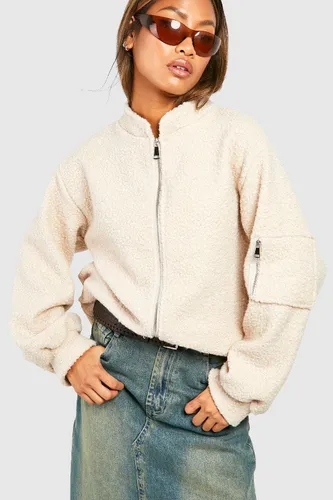 Womens Oversized Boucle Wool Look Bomber Jacket - Cream - 8, Cream