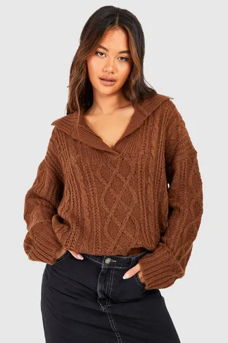 Womens Oversized Cable Polo Collar Jumper - Brown - S, Brown