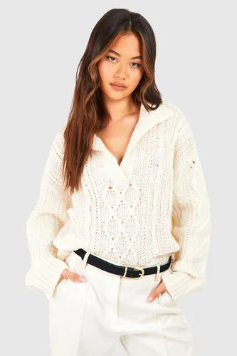 Womens Oversized Cable Polo Collar Jumper - White - Xs, White