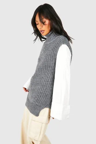Womens Oversized Chunky Knit Roll Neck Sleeveless Vest - Grey - One Size, Grey