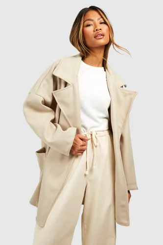 Womens Oversized Collar Wool Look Longline Coat - Beige - 10, Beige