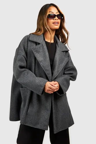 Womens Oversized Collar Wool Look Longline Coat - Grey - 10, Grey
