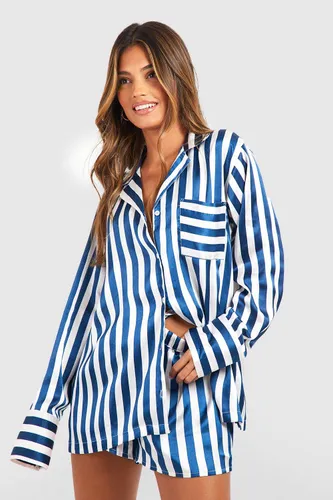 Womens Oversized Contrast Stripe Pyjama Shirt & Short Set - Navy - 10, Navy