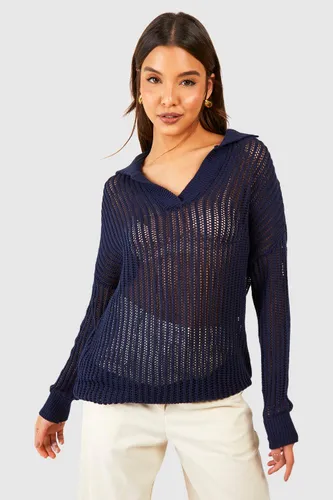 Womens Oversized Crochet Jumper With Polo Collar - Navy - S/M, Navy