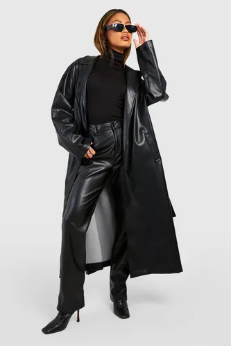 Womens Oversized Faux Leather Belted Trench Coat - Black - 10, Black