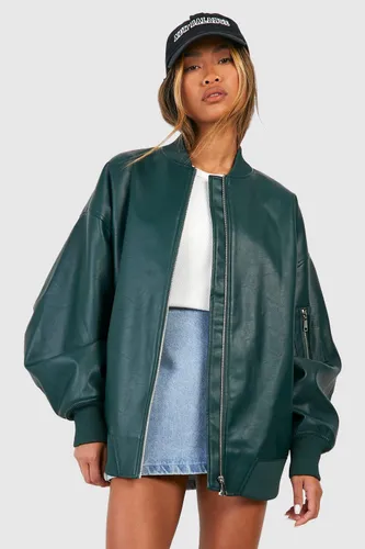 Womens Oversized Faux Leather Bomber Jacket - Green - 10, Green
