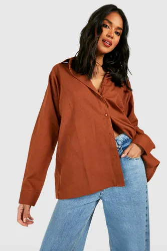 Womens Oversized Linen Shirt - Brown - 8, Brown