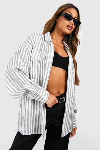 Womens Oversized Linen Striped Utility Shirt - Grey - 10, Grey