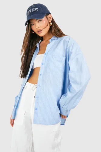 Womens Oversized Pocket Detail Fine Stripe Shirt - Blue - 6, Blue