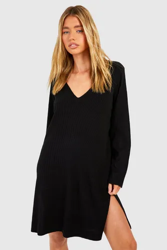 Womens Oversized Rib Knit Midi Dress - Black - S, Black