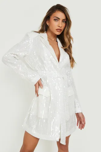 Womens Oversized Sequin Blazer Dress - White - 14, White