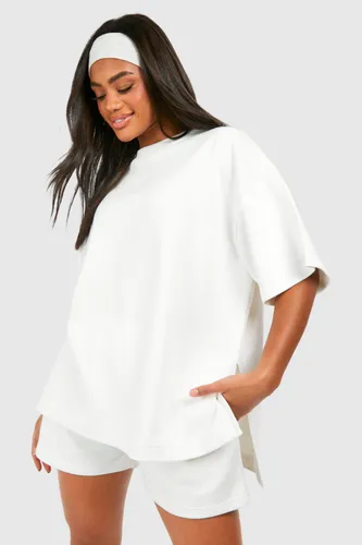 Womens Oversized Split Side T-Shirt And Longline Sweat Short - Cream - S, Cream
