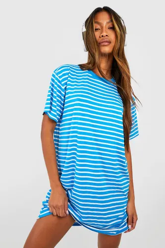 Womens Oversized Stripe T-Shirt Dress - Blue - 8, Blue