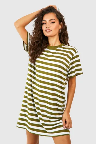 Womens Oversized Striped T-Shirt Dress - Green - 8, Green
