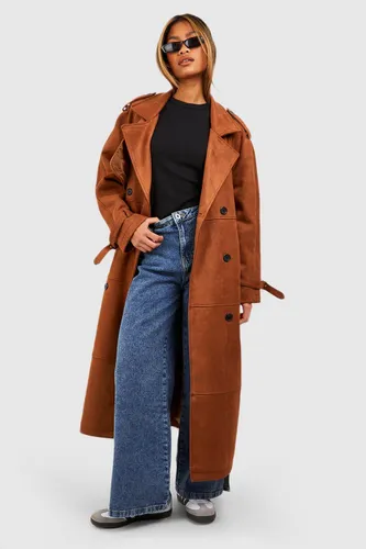 Womens Oversized Suede Look Belted Maxi Trench - Brown - 8, Brown