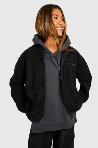 Womens Oversized Teddy Zip Detail Jacket - Black - 8, Black