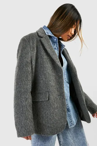 Womens Oversized Textured Wool Blazer - Grey - 16, Grey