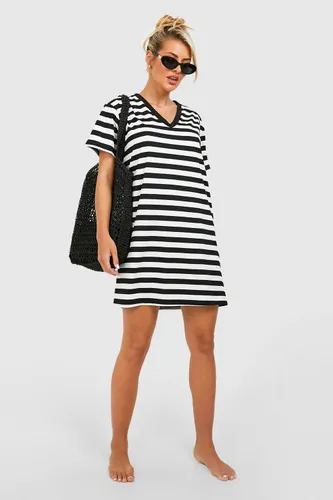 Womens Oversized V Neck Striped T-Shirt Beach Dress - Black - 8, Black