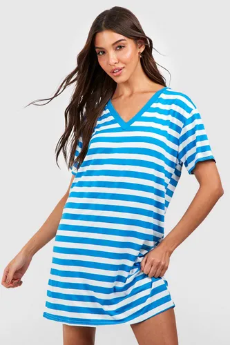 Womens Oversized V Neck Striped T-Shirt Beach Dress - Blue - 8, Blue