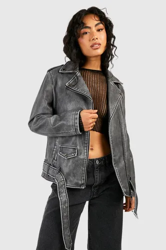 Womens Oversized Washed Faux Leather Biker Jacket - Black - S/M, Black
