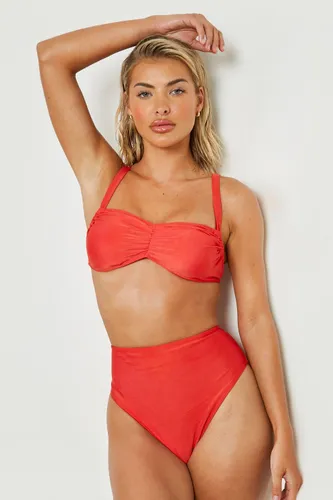 Womens Padded Ruched Front High Waist Bikini Set - Red - 6, Red