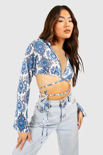 Womens Paisley Print Tie Front Cropped Shirt - Blue - 10, Blue