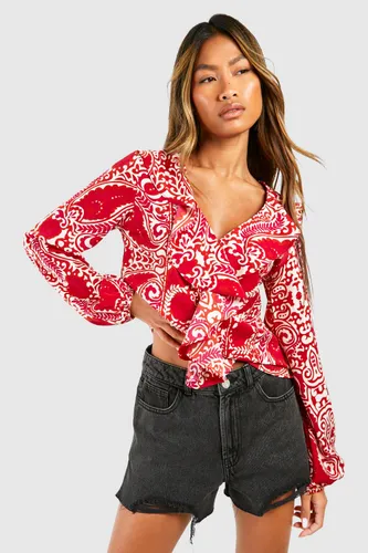 Womens Paisley Ruffle Blouse - Red - 6, Red