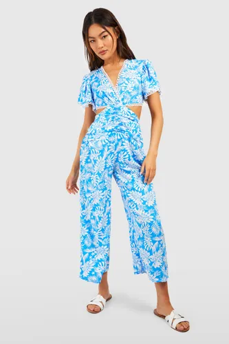 Womens Palm Print Cut Out Jumpsuit - Blue - 10, Blue