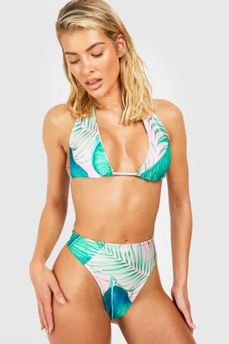 Womens Palm Tropical Halterneck High Waist Bikini Set - Pink - 10, Pink
