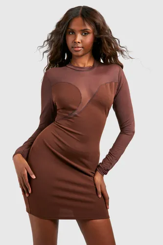 Womens Panelled Mesh Mini Dress - Brown - 8, Brown