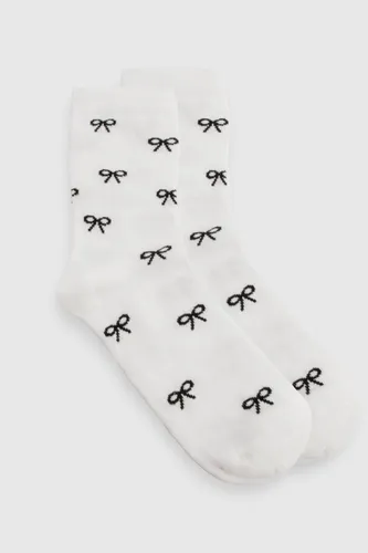 Womens Patterned Bow Detail Socks - White - One Size, White