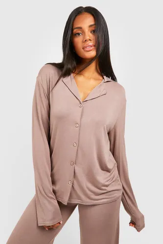 Womens Peached Jersey Long Sleeve Pyjama Shirt - Brown - 10, Brown