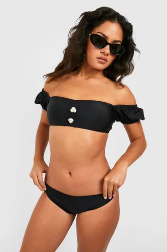Womens Pearl Detail Short Sleeve Padded Bikini Set - Black - 6, Black