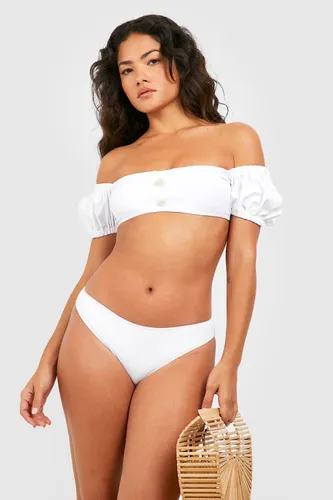Womens Pearl Detail Short Sleeve Padded Bikini Set - White - 10, White