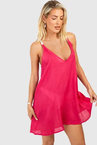 Womens Pearl Stone Strap Cheesecloth Beach Mini Dress - Pink - M, Pink